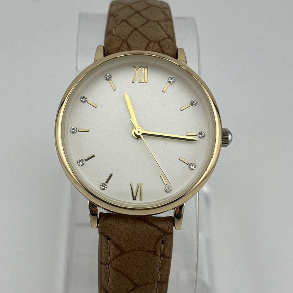 Time & Tru Watch Women 31mm Gold Case Brown Faux Leather Band- New Battery